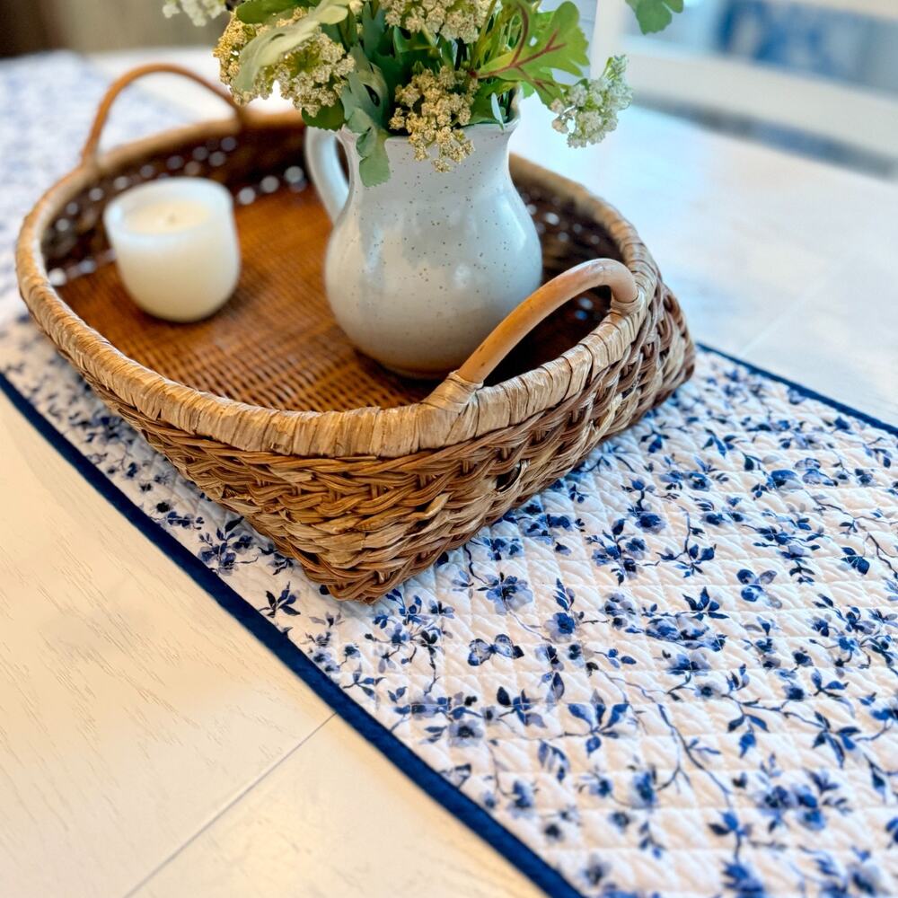 Shabby Chic Blue Floral Quilted Table Runner 14x72 Cottage Core French Country